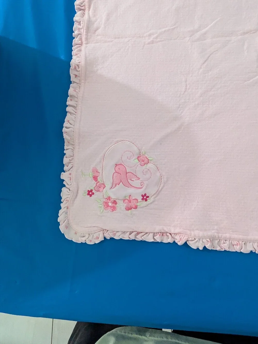 Little Wonders Pink Ruffle Baby Blanket with Tiny Bird & Floral Motif.